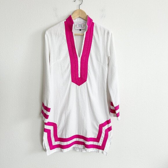 Sail To Sable Dress White Pink Seersucker Tunic V-Neck Coverup Coastal - Picture 1 of 8